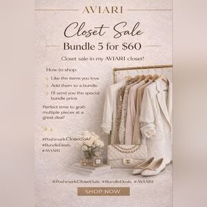 AVIARI Closet Sale ✨
Most items are $18 each.
Bundle 5 items for $60 ($12 each).